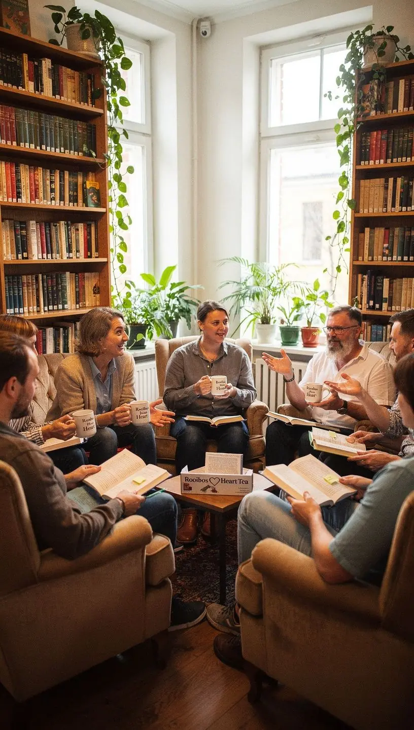 Rooibos arbatos lapai, šviežiai nuimti ir paruošti, ant medinės lentelės su širdies formos dekoracijomis.