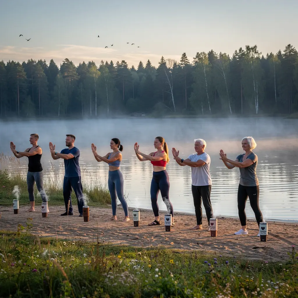 Vaistažolių puodelis, atspindintis sveikatingumo ir ramybės pojūtį, be kofeino.