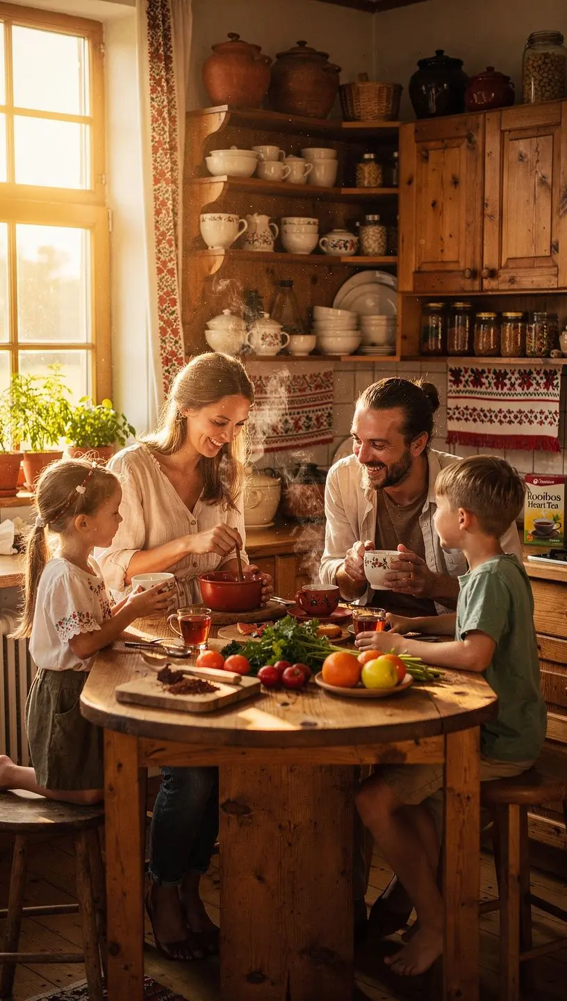 Arbatos ceremonija su rooibos arbata, aplinkoje, skirtoje atsipalaidavimui.