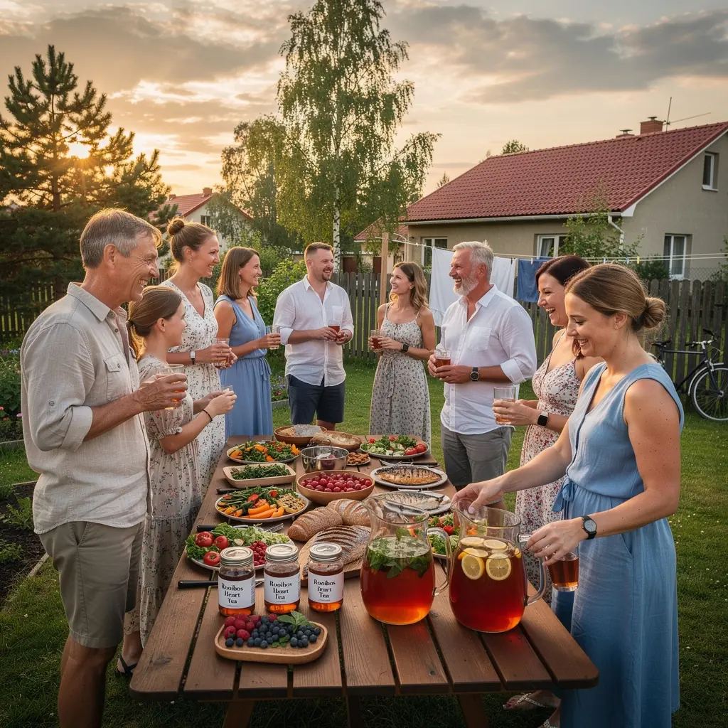 Rooibos arbatos puodelis su širdies simboliu, pabrėžiantis sveiką gyvenimo būdą.